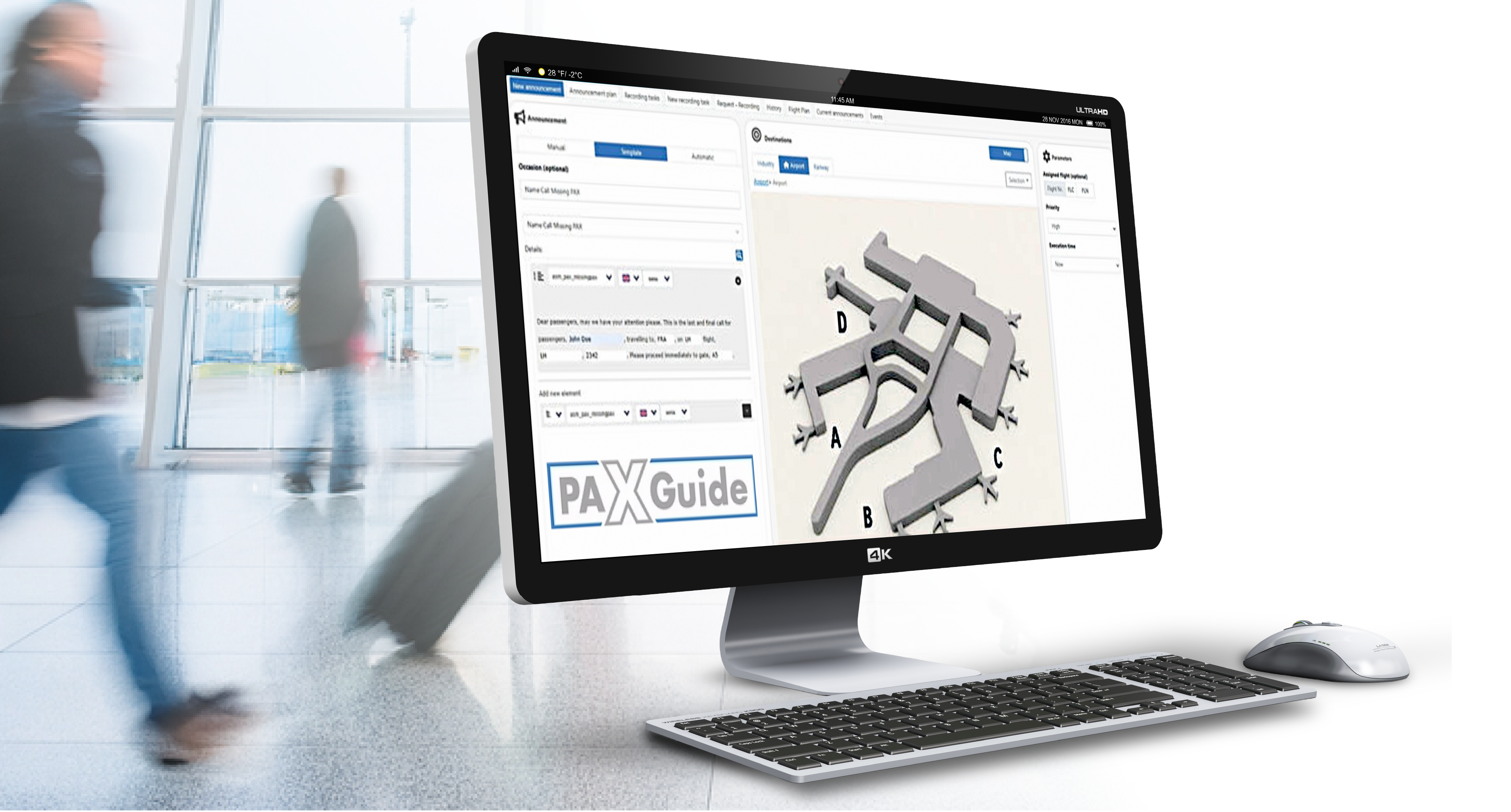 Sittig PAXGuide on computer monitor showing airport terminals for managing airport communications